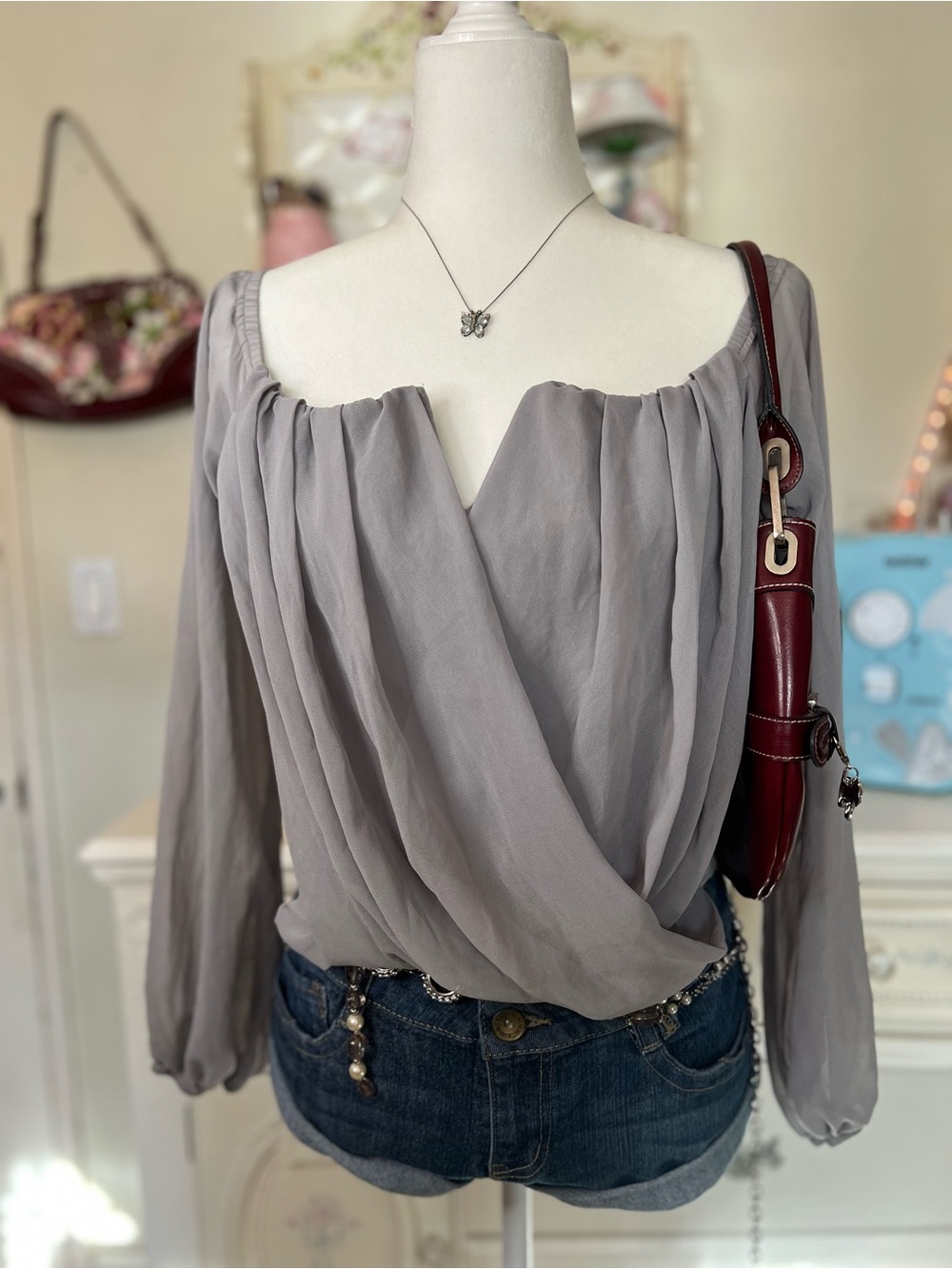 YOINS Light Gray Off-Shoulder Draped Chiffon Blouse